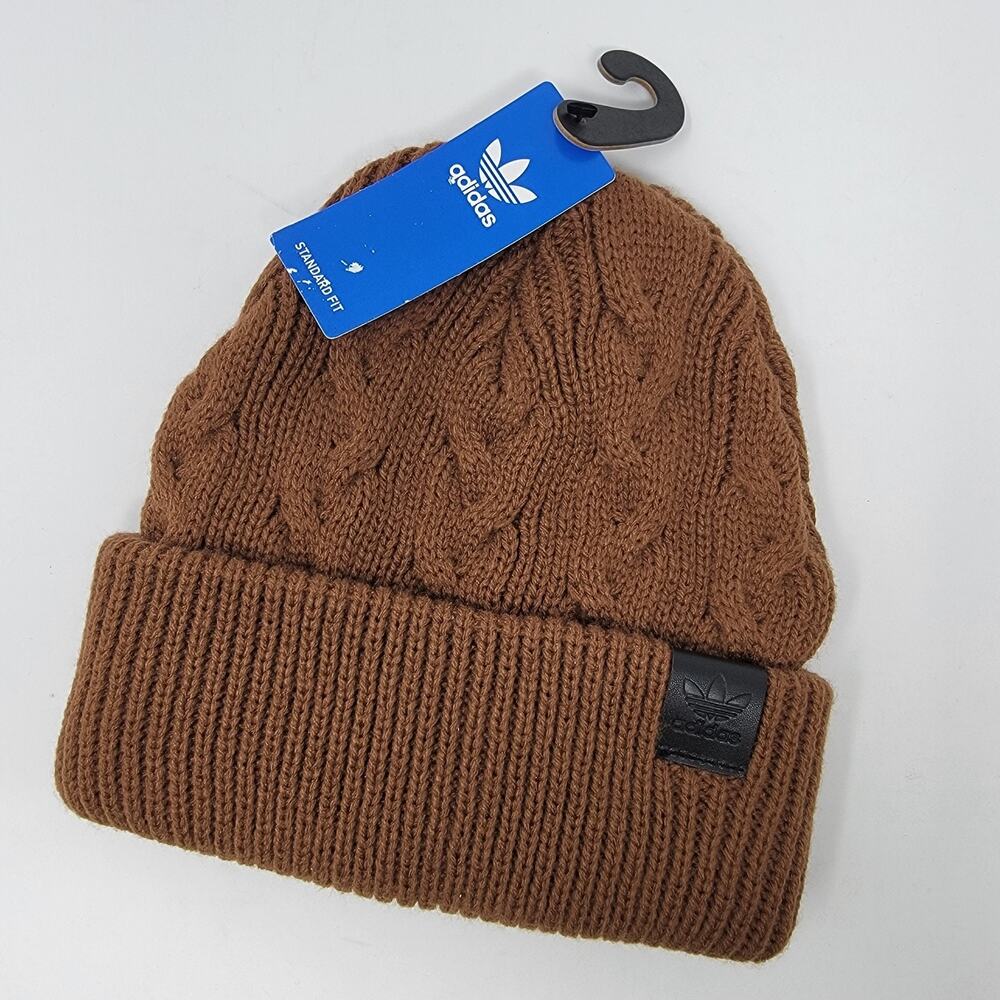 Adidas Cable Knit Beanie Brown Ribbed Fold Up Cuff Logo Patch Standard Fit